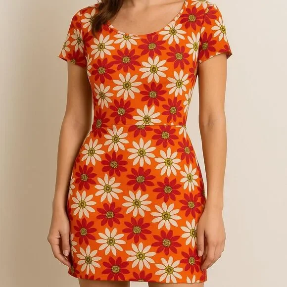 vintage Y2K 2000s retro Daisy Orange and pink floral mini dress mini large - Picture 5 of 5